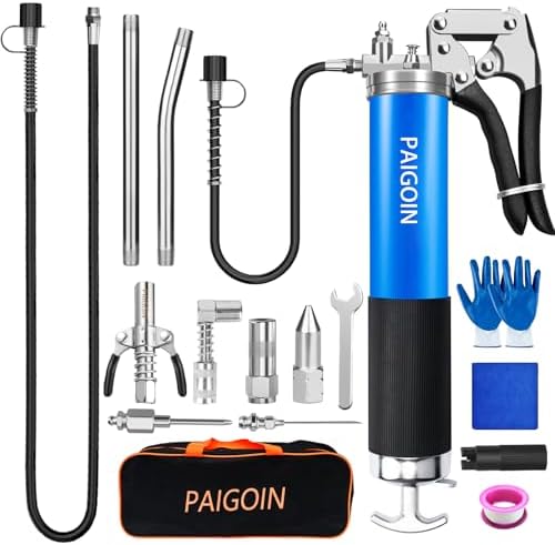 Grease Gun Kit 8000 PSI Heavy Duty 14 OZ Pistol Grip Grease Guns with 19" & 28" Spring Flex Hose,Quick Release Coupler,90 Degree Adapter,2 Needle Tips,2 Nozzles,2 Extension Tubes