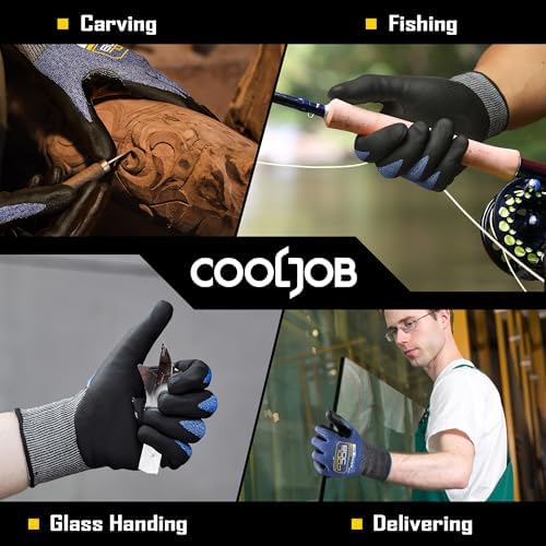 COOLJOB A9 Cut Resistant Safety Work Gloves with Grip, Touchscreen Nitrile Coated Heavy-duty for Glass Metal Sheet Handling