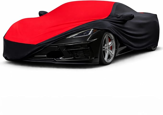 SR1 Performance USA C8 Corvette Indoor Car Cover – Custom Fit Stretch Satin Ultraguard, Soft Paint Protection Against Dust & Scratches for 2020–2026 Stingray, Z51, Z06, E-Ray (Red/Black)