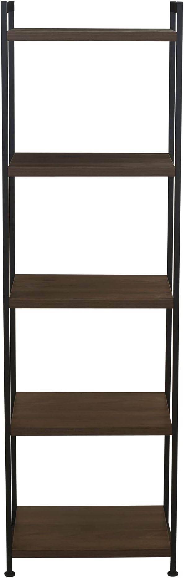 Household Essentials Jamestown Narrow 5 Shelf Open Storage Bookshelf Mid Century Walnut Wood Grain and Black Metal