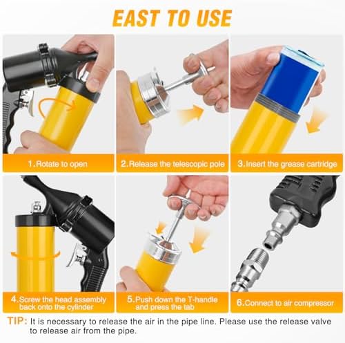 GOOACC Pneumatic Grease Gun 6000 PSI 14oz Heavy Duty Air Operated Grease Gun Kit with 18" Spring Flex Hose Rigid Pipe Coupler Pistol Grip Grease Guns for Automotive Farm Industrial Marine, Yellow 6PCS