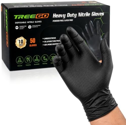 TREEGO 10 Mil Heavy Duty Black Nitrile Mechanic Gloves, 50 Count XL
