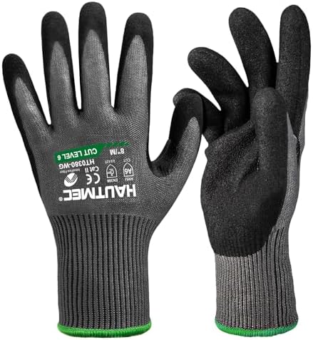 HAUTMEC ANSI A6 Cut Resistant Work Gloves for Men Women, EN388 4X42F Cutting Proof Gloves, Breathable 13-Gauge HPPE, Nitrile Coated, Touchscreen, Reinforced Thumb Saddle for Construction/Auto(M)