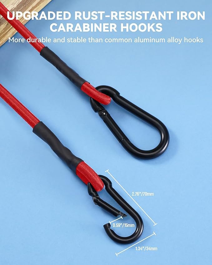 8 Pack 60 Inch Heavy Duty Bungee Cords with Carabiner Hooks, 190 lbs Max Strength Bungee Straps for Cargo, Bike, Cart, Roof Rack, Truck, Tent, Camping, Motorcycle, Outdoor Storage and More, Red