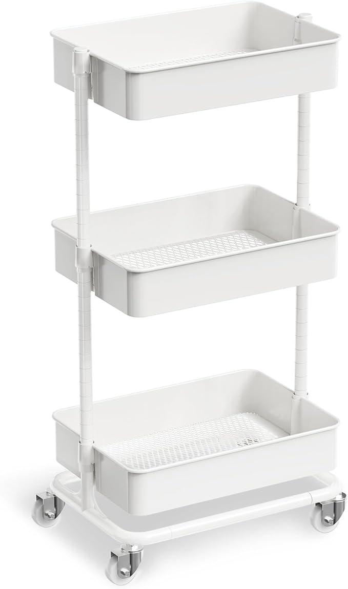3 Tier Modern Metal Rolling Tool Cart with Silent Casters, 17.72×12.40×35.04 inch Heavy Duty Organization Truck Trolley Organizer for Office, Living Room, Kitchen, (White)