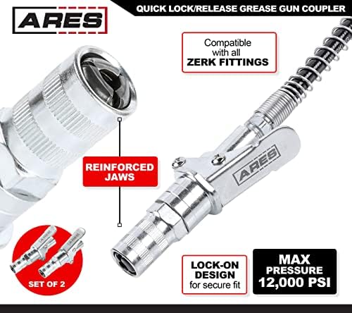 ARES 54022 – 2-Piece Quick Lock & Release Grease Gun Couplers – Leak-Free Lock-on Design – 12,000 PSI Maximum Pressure Rating - Compatible with Pneumatic and Manual Grease Guns