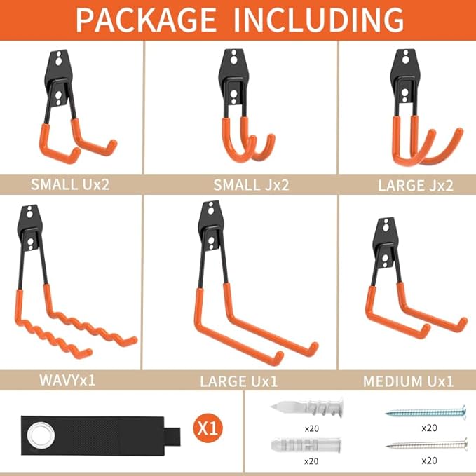 Garage Hooks Heavy Duty Steel Hooks for Hanging Power and Garden Tools, Ladders, Hose, Bikes, Ropes, Bulk Items, and More，Anti-Slip Coating with max 88lbs Capacity 10 Pack