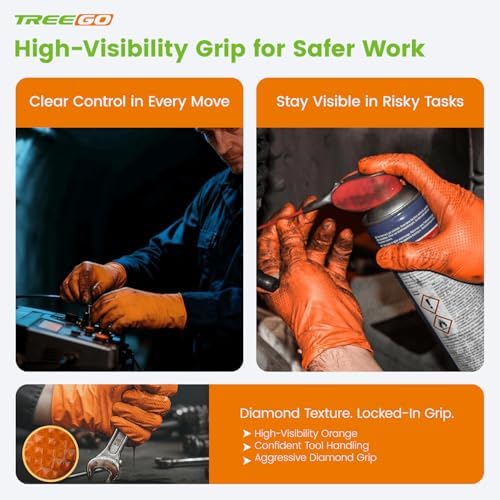 TREEGO 10 Mil Orange Nitrile Mechanic Gloves, Diamond Grip, 1000 Count M