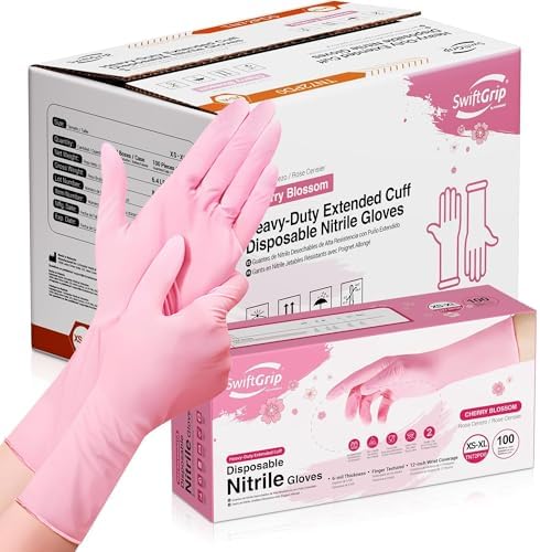 SwiftGrip Disposable Nitrile Dishwashing Gloves, Extended 12 Inches Cuff, 6-mil, Cherry Blossom Cleaning Gloves, Latex-Free