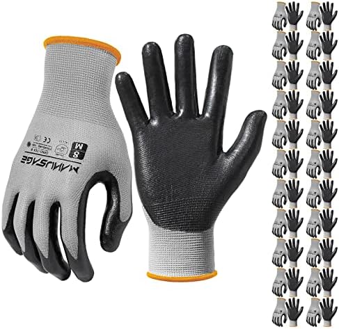 MANUSAGE Safety Work Gloves, 3D Comfort Stretch Fit, Powerful Grip, Touchscreen, Durable Smooth Nitrile Coated, Flexible, Lightweight, Machine Washable, Size-XL Grey 24 Pairs