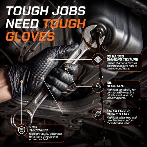 10mil Nitrile Gloves Thick,Industrial Disposable Gloves with Diamond Textured,Heavy Duty Mechanic Glove,Latex Free (1000, Medium)