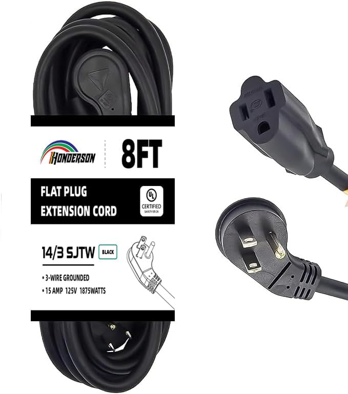 Flat Plug Indoor Extension Cord, UL Certified, 14 Gauge 8FT Black 3 Prong Heavy Duty, 14/3 SJTW 15A Power Cord for Lights, Appliances, Home