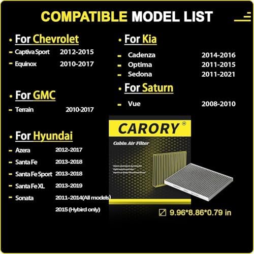 Cabin Air Filter w/Activated Carbon for Chevy Equinox 2010-2017, Captiva Sport 2012-2015, GMC Terrain 2010-2017, Hyundai Santa Fe 2013-2018, Santa Fe Sport 2013-2018, Kia Sedona 2011-2021, CF819