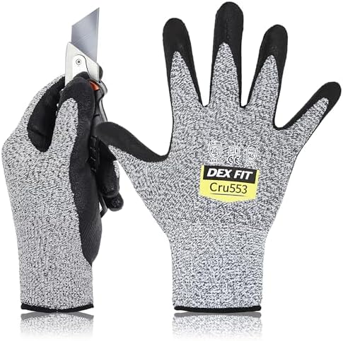 DEX FIT Level 5 Cut Resistant Gloves Cru553 Anti-Static, 3D Comfort Fit A5 Safety Work Gloves with Grip, Thin Touchscreen Gloves for Warehouse, Package Handling, Glass Handling, Gray, S, 12 Pairs