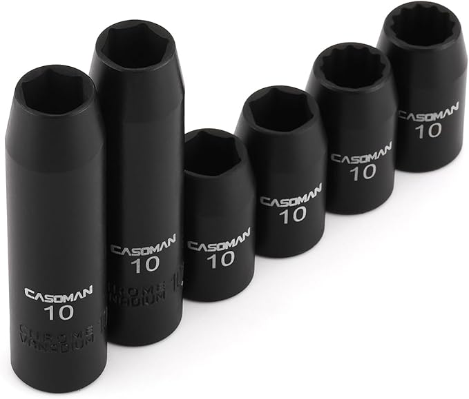 CASOMAN 6 Pieces 3/8-Inch Drive Impact Socket Set-10mm, Deep & Shallow, Metric, 6 Point & 12 Point Desgin, Black Phosphate Finish
