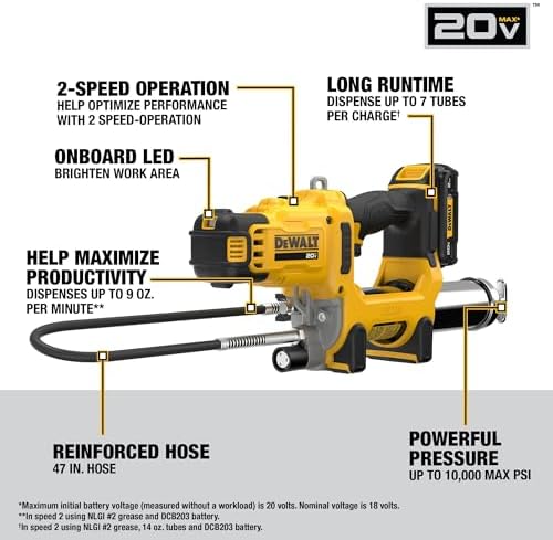 DEWALT Grease Gun 20V MAX, 10,000 PSI Variable 2-Speed Cordless Grease Gun, Oil Resistant Battery and Charger Included, 47 Inch Hose, LED Light and Kit Box (DCGG581GD1)