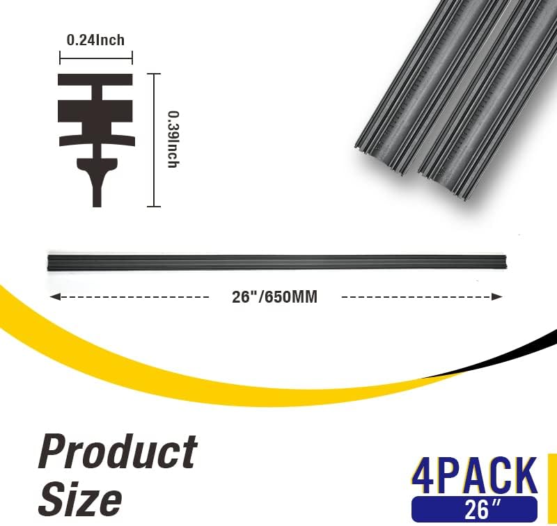 5 PLUS 26 Inch Windshield Wiper Refills (Pack Of 4), Automotive Replacement Windshield Wiper Blade Refills, 26 inch Adjustable Size of the Universal Wiper Rubber Refills