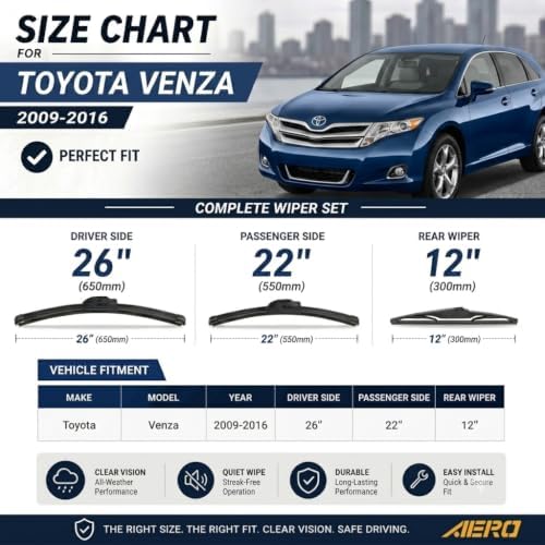 AERO Wipers Replacement for Toyota Venza 2016 2015 2014 2013 2012 2011 2010 2009, 26"+22" Front + 12" Rear, All-Season Windshield Wiper Blades with Extra Squeegee Refills + 1-Year Warranty (Set of 3)