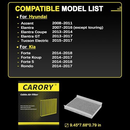 CARORY Cabin Air Filter w/Activated Carbon for Hyundai Elantra 07-16 (Except Touring), Kia Forte 14-18, Hyundai Accent 08-11, Elantra GT 13-17, Kia Forte5 14-18, Forte Koup 14-17, Rondo 14-17, CF728