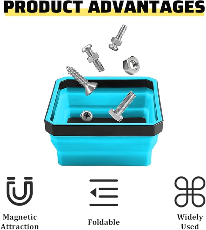 Collapsible Magnetic Car Parts Tray, Foldable Silicone Tool Tray with Magnetic Base, Double-Side Magnet Bowl for Auto Bolts, Screws, Nuts, Small Metal Parts, Universal Fit (Sky Blue)