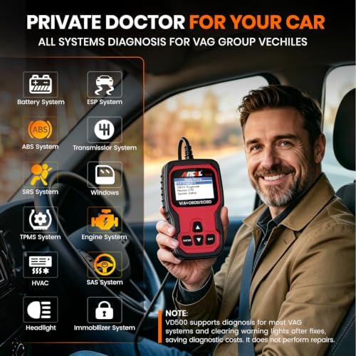 ANCEL VD500 OBD2 Scanner Diagnostic Tool for Volkswagen VW Audi Skoda Seat Diagnosis Check Engine Light EPB ABS SRS Code Reader Oil Throttle Position Adaption Brake Pad Reset