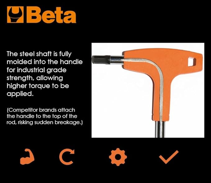 Beta 96T 2mm Metric T-Handle Hex Key Wrench | High Torque Ergonomic Allen Wrench with Dual Hex Tips | Drop Prevention Hole | Industrial Strength | Made in Italy