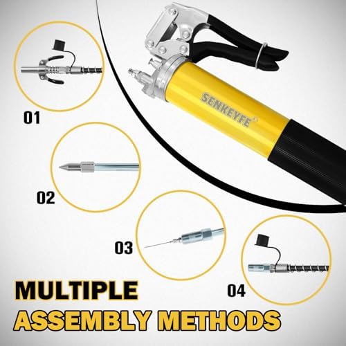 14oz Capacity Versatile Grease Gun Kit,7000 PSI Leak-Proof Spray Grease Gun,18" Spring Hose,Double Handle Nozzle,Coupler,Teflon Tape and Other Accessories,Auto,Marine,Industry,15 Pcs Yellow