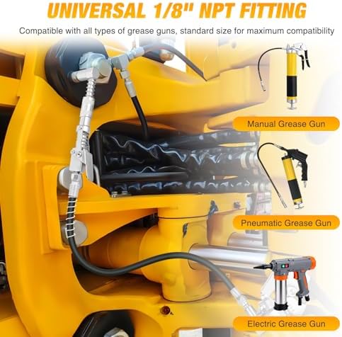 GOOACC Grease Gun Coupler Set Quick Locking Grease Coupler 90 Degree Grease Tips 12" Spring Flexible Hose & Cleaning Tool Compatible with 1/8" NPT Grease Gun Fitting & SAE Metric Zerk Fittings 4 PCS