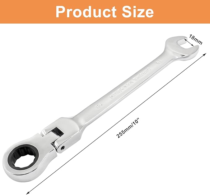 Piutouyar 18mm Flex-Head Ratcheting Wrench, Professional Metric Ratchet Wrench Combination Wrench Box Ended Spanner Tool for Projects Repair(5° Movement and 72 Teeth 12 Point, CR-V)