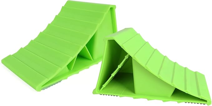 MaxxHaul High Visibility Polypropylene Wheel Chocks 2-Pack 8.4" x 4.75" x 4.25" Non-Slip Base Lightweight Durable Tire Chocks for Cars Trailers and Small RVs Neon Green (50230)