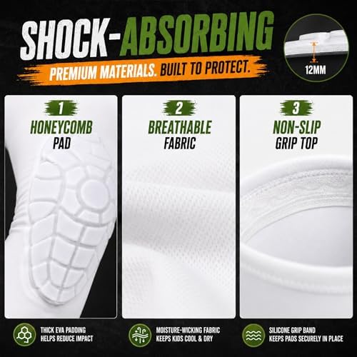 AceList Kids Knee Pads for Youth Ages 4-15, Honeycomb Padded Knee Sleeves for Basketball Baseball Football Volleyball Wrestling Cycling, Anti-Slip Stay-Up Protective Gear, 1 Pair (Size XL White)