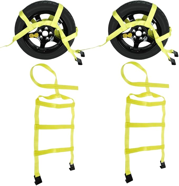 Set of 2 Tow Dolly Straps with Flat Hook, Yellow Basket Strap, Fits Most 16-20" Tires Webbing Ratchet Straps 10000 lbs Breaking Strength