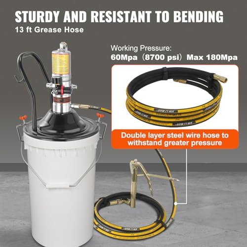 VEVOR Grease Pump, Air Operated Grease Pump with 13 ft High Pressure Hose and Grease Gun, Pneumatic Grease Pump with Barrel Cap, Portable Lubrication Grease Pump 360° Gun Head