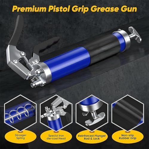 Car Grease Gun, 6000PSI Heavy-Duty Vehicle Pistol Grip Grease Gun Tool Kit, Greasing Kit with 12" Flex Reinforced Hose & Basic Couplers Extension Rigid Pipe, Universal Fit (Blue)