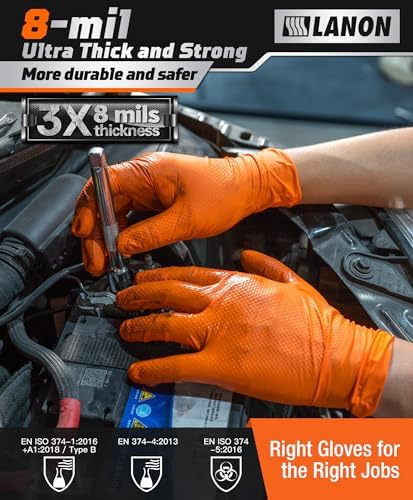 LANON 8mil Orange Disposable Nitrile Gloves,Mechanic,Heavy Duty,Small