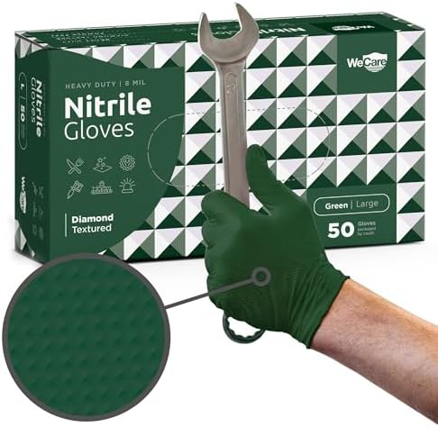 WECARE 8 Mil Nitrile Gloves - Heavy Duty Mechanic Gloves, with Diamond Grip - Powder and Latex Free Disposable Gloves