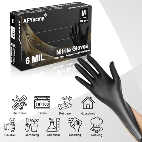 Disposable Nitrile Gloves, Chemical Resistant, Powder and Latex Free, Food Safe, Black Heavy Duty Gloves, 6 Mil, 100 Count, Medium