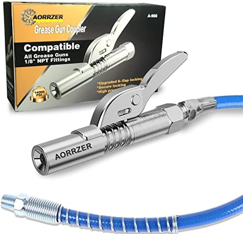Grease Gun Coupler, Strong Lock on Greases Gun Couplers, 12000 PSI Quick Release Grease Coupler with 12" Spring Flex Hose, Compatible with All Grease Guns 1/8" NPT Grease Gun Fitting(1 PCS)