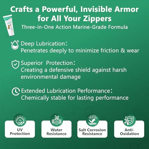 Zipper Lubricant for Plastic & Metal - Non-Staining Lube Silicone Grease for Zippers on Clothing, Wetsuits, Boat Covers, Dresses & More, Marine-Grade with Applicator Brush, 1.05 oz