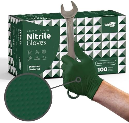 WECARE 8 Mil Nitrile Gloves - Heavy Duty Mechanic Gloves, with Diamond Grip - Powder and Latex Free Disposable Gloves