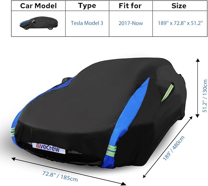 Avecrew Car Cover for Tesla Model 3 2017-2026, Custom Fit Full Exterior Cover with Charging Port and Breathable Ventilation Mesh, Waterproof All Weather Outdoor Rain Snow Sun Protection Cover