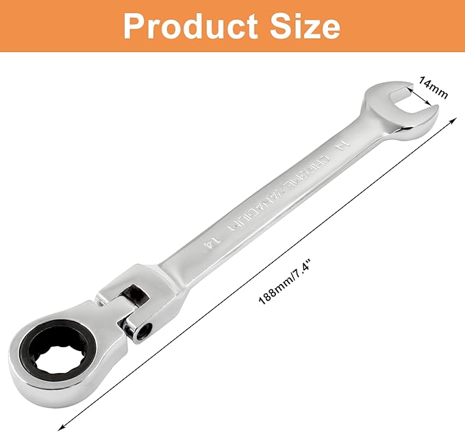 Piutouyar 14mm Flex-Head Ratcheting Wrench, Professional Metric Ratchet Wrench Combination Wrench Box Ended Spanner Tool for Projects Repair(5° Movement and 72 Teeth 12 Point, CR-V)