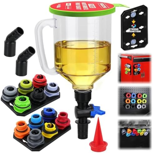 18-Piece Engine Oil Funnel Kit, 1.59QT/1.5L Automotive Oil Funnel Set with 12 Adapters, Elbow Fitting, Arrow Screen and Magnetic Storage Hooks Tray, Compatible with GM, Ford, BMW, Audi, Land Rover Etc