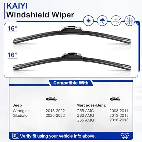 KAIYI 16" + 16" Windshield Wipers Compatible with Jeep Wrangler 2018-2022,Gladiator 2020-2022,Mercedes-Benz G55 AMG 2003-2011 Premium Automotive Replacement Windshield Wiper Blades 2 Pack