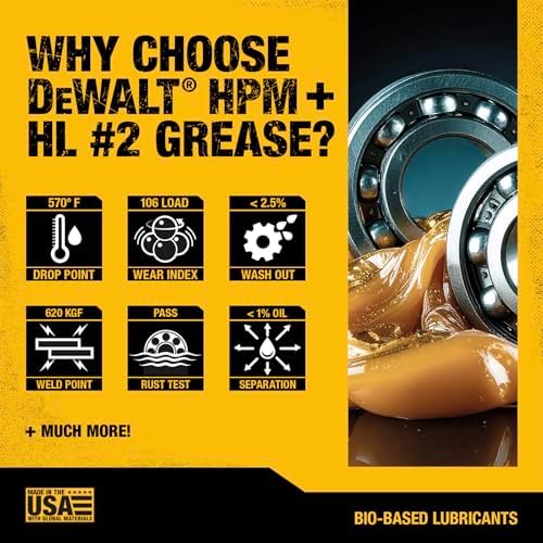 DEWALT Biosynthetic Lithium Complex #2 Grease - USDA Certified Industrial Grade CV Joint & Wheel Bearing Grease for High-Load, High-Temp Use in Construction, Agriculture - 14 oz