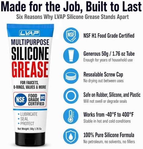 LVAP Food Grade Silicone Grease for O-Rings, Faucets & Plumbing - NSF H1 Waterproof Silicone Lubricant for Pool & Spa, KitchenAid Stand Mixer, RV Seals & Valves - Silicone Paste 50g