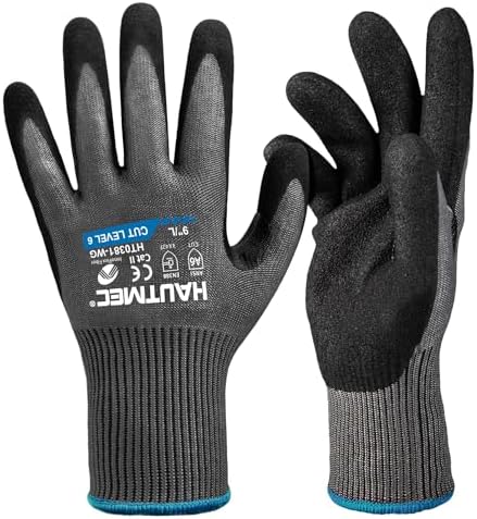 HAUTMEC ANSI A6 Cut Resistant Work Gloves for Men Women, EN388 4X42F Cutting Proof Gloves, Breathable 13-Gauge HPPE, Nitrile Coated, Touchscreen, Reinforced Thumb Saddle for Construction/Auto(L)