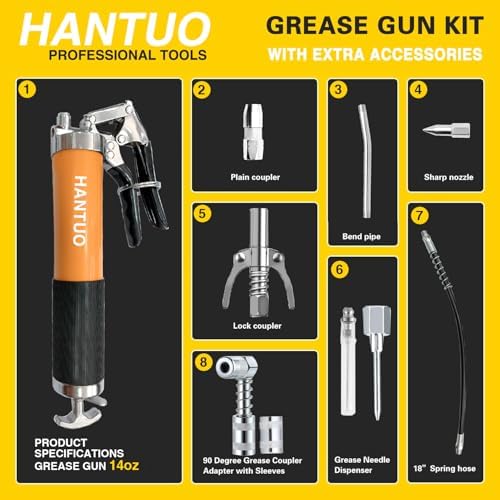 Grease Gun with Quick Release Coupler, 8000 PSI Heavy Duty Professional Pistol Grip Grease Gun Kit 14 OZ Capacity with Coupler, Double Injector Needles, 90° Adapter