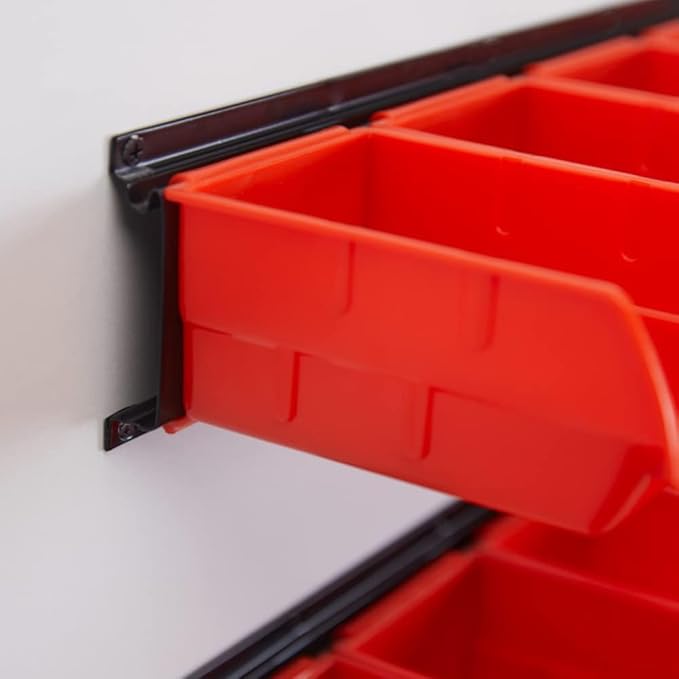 Ultrawall Wall Mounted Storage Bins, Plastic Hanging Storage Organizer Bins, Garage Tool Storage System for Screws, Nuts, Bolts, Nails, and Small Hardware Parts, 12x bins & 3 x rails, Orange