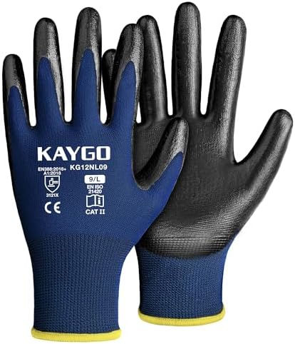 KAYGO Work Gloves for Men and Women, Black Nitrile Coated,KG12N,12Pairs